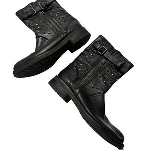 Geox Black Respira Virna Leather Plaid Lined Silver Spikes Moto Boots Sz 6 / 37